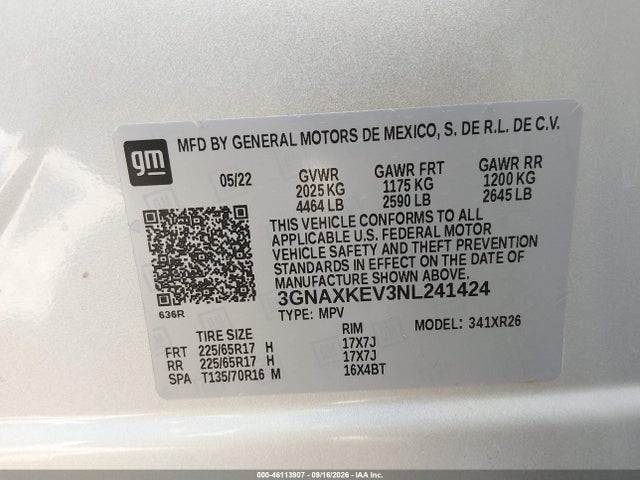 2022 Chevrolet Equinox Fwd Lt მანქანა იყიდება აუქციონზე, vin: 3GNAXKEV3NL241424, აუქციონის ნომერი: 46113907