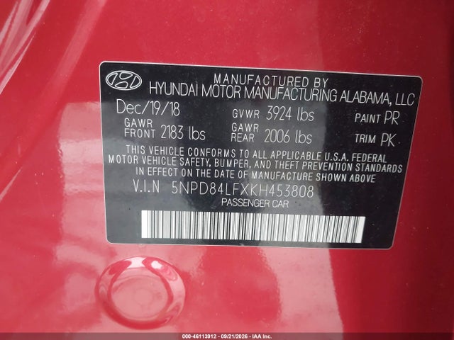 2019 Hyundai Elantra Sel მანქანა იყიდება აუქციონზე, vin: 5NPD84LFXKH453808, აუქციონის ნომერი: 46113912
