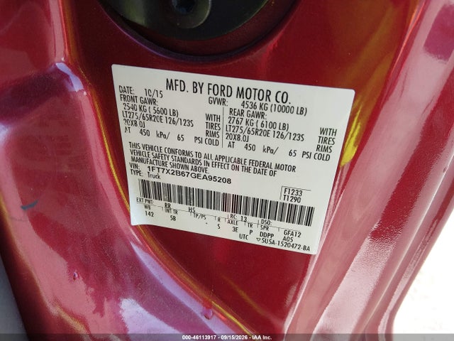 46113917 :رقم المزاد ، 1FT7X2B67GEA95208 vin ، 2016 Ford F-250 Lariat مزاد بيع