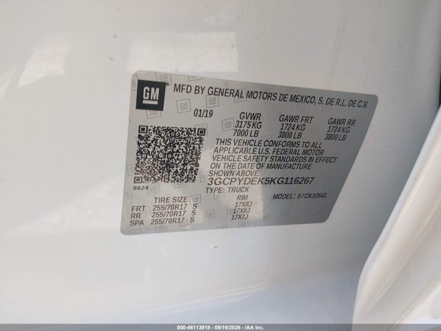 46113918 :رقم المزاد ، 3GCPYDEK5KG116267 vin ، 2019 Chevrolet Silverado 1500 Lt مزاد بيع