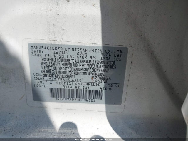 46113922 :رقم المزاد ، 3N1CN7AP7HL836201 vin ، 2017 Nissan Versa 1.6 Sv مزاد بيع