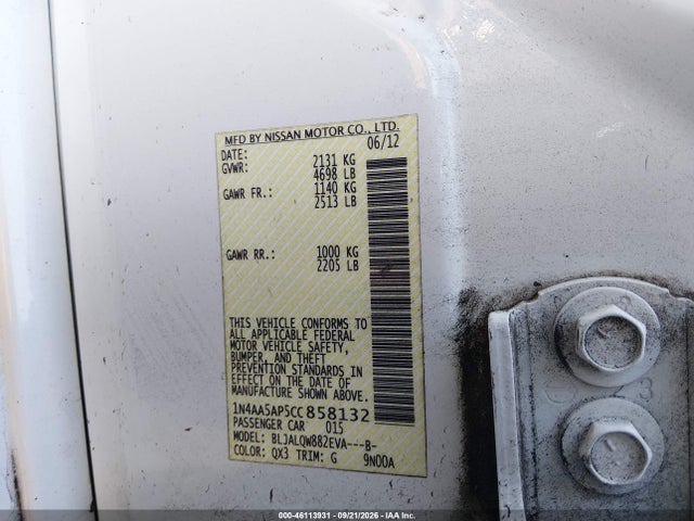 46113931 :رقم المزاد ، 1N4AA5AP5CC858132 vin ، 2012 Nissan Maxima 3.5 S مزاد بيع