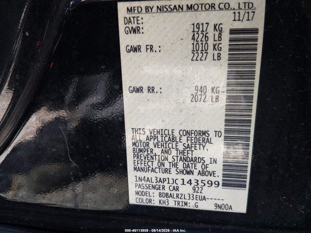 2018 Nissan Altima 2.5 Sl მანქანა იყიდება აუქციონზე, vin: 1N4AL3AP1JC143599, აუქციონის ნომერი: 46113959