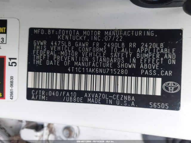 Продаж на аукціоні авто 2022 Toyota Camry Le, vin: 4T1C11AK6NU715280, номер лоту: 46113984