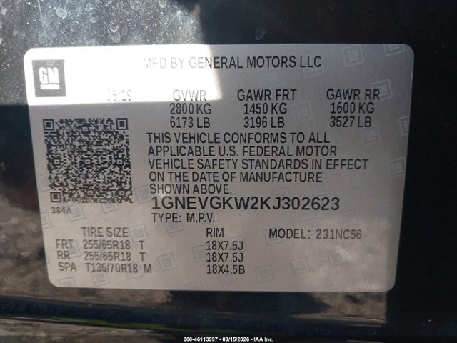 Aukcja sprzedaży 2019 Chevrolet Traverse 1lt, vin: 1GNEVGKW2KJ302623, numer aukcji: 46113997