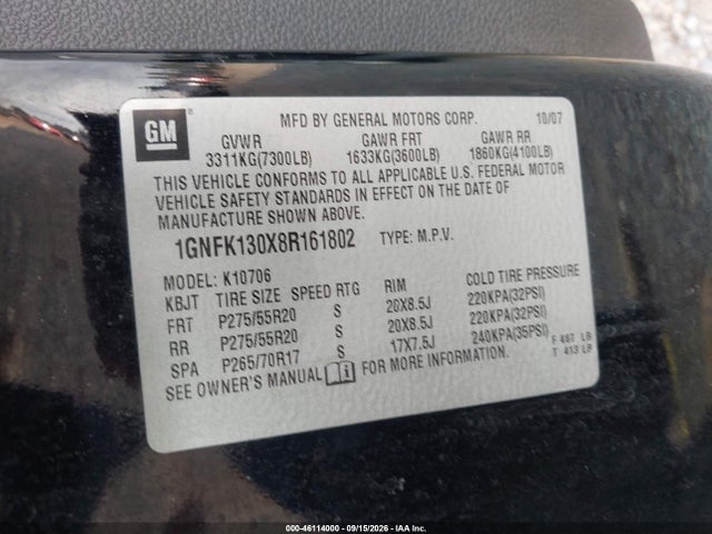 Aukcja sprzedaży 2008 Chevrolet Tahoe Ltz, vin: 1GNFK130X8R161802, numer aukcji: 46114000