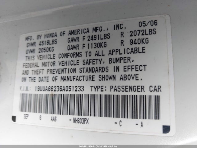 Aukcja sprzedaży 2006 Acura Tl, vin: 19UUA66236A051233, numer aukcji: 46114006