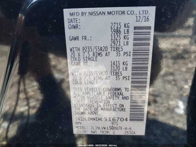 46114009 :رقم المزاد ، 5N1DL0MM1HC516704 vin ، 2017 Infiniti Qx60 مزاد بيع