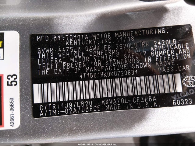 2019 Toyota Camry Xse მანქანა იყიდება აუქციონზე, vin: 4T1B61HK0KU720831, აუქციონის ნომერი: 46114011