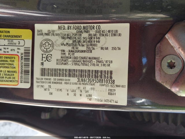 2013 Lincoln Mkz მანქანა იყიდება აუქციონზე, vin: 3LN6L2G95DR810338, აუქციონის ნომერი: 46114019