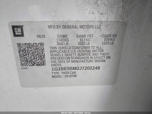 Продажа на аукционе авто 2018 Chevrolet Cruze Lt Auto, vin: 1G1BE5SM2J7202248, номер лота: 46114023