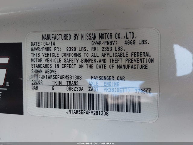 2015 Nissan Gt-r Premium მანქანა იყიდება აუქციონზე, vin: JN1AR5EF4FM281308, აუქციონის ნომერი: 46114036