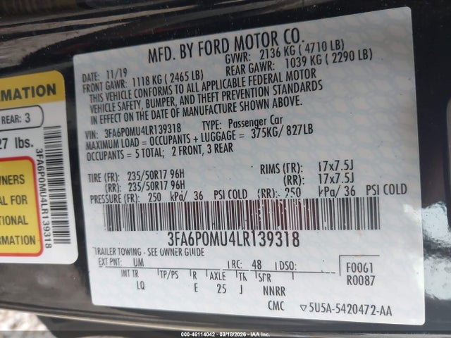 2020 Ford Fusion Hybrid Sel მანქანა იყიდება აუქციონზე, vin: 3FA6P0MU4LR139318, აუქციონის ნომერი: 46114042