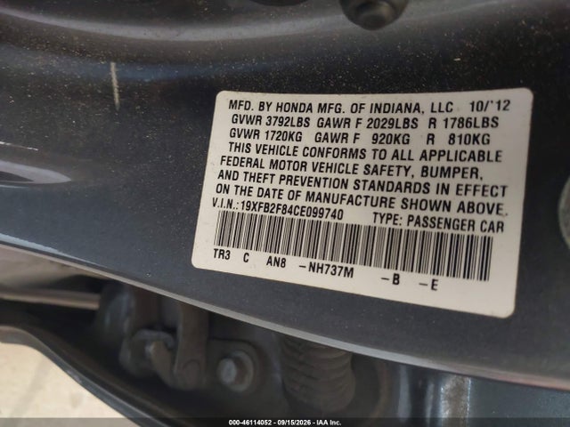 Aukcja sprzedaży 2012 Honda Civic Ex, vin: 19XFB2F84CE099740, numer aukcji: 46114052