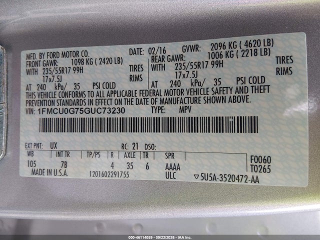 Auction sale of the 2016 Ford Escape Se, vin: 1FMCU0G75GUC73230, lot number: 46114059