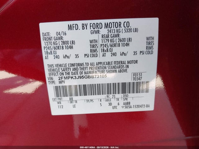 Aukcja sprzedaży 2016 Ford Edge Sel, vin: 2FMPK3J95GBB73105, numer aukcji: 46114064
