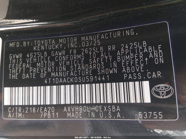 Продажа на аукционе авто 2025 Toyota Camry Se, vin: 4T1DAACK0SU591441, номер лота: 46114071