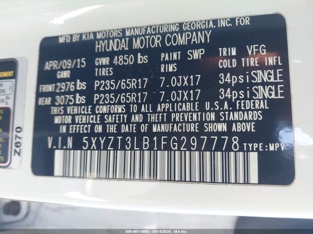 46114083 :رقم المزاد ، 5XYZT3LB1FG297778 vin ، 2015 Hyundai Santa Fe Sport 2.4l مزاد بيع
