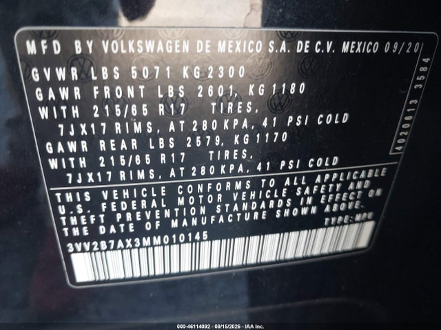 Aukcja sprzedaży 2021 Volkswagen Tiguan 2.0t Se/2.0t Se R-line Black/2.0t Sel, vin: 3VV2B7AX3MM010145, numer aukcji: 46114092