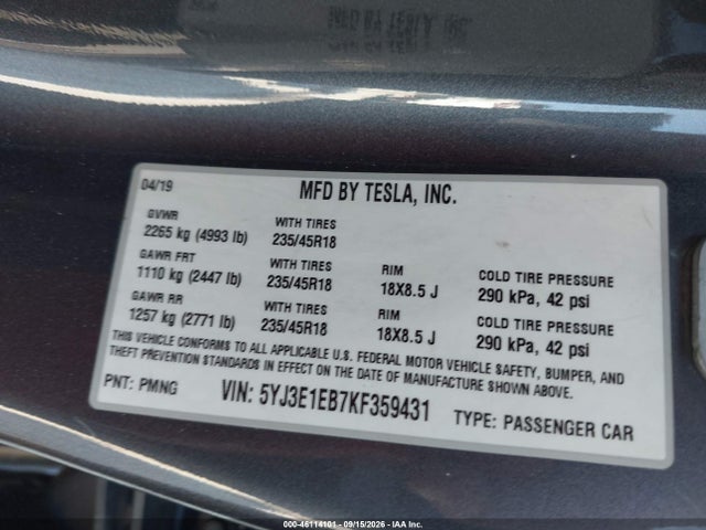 Продажа на аукционе авто 2019 Tesla Model 3 Long Range/performance, vin: 5YJ3E1EB7KF359431, номер лота: 46114101