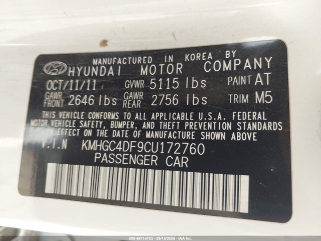Продаж на аукціоні авто 2012 Hyundai Genesis 4.6, vin: KMHGC4DF9CU172760, номер лоту: 46114103