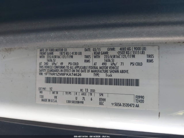 2015 Ford Transit-250 მანქანა იყიდება აუქციონზე, vin: 1FTNR1ZM8FKA74626, აუქციონის ნომერი: 46114104