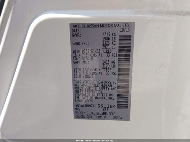 Aukcja sprzedaży 2015 Infiniti Qx60, vin: 5N1AL0MN7FC551384, numer aukcji: 46114105