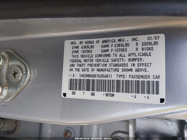 46114115 :رقم المزاد ، 1HGCM66897A054811 vin ، 2007 Honda Accord 3.0 Ex مزاد بيع