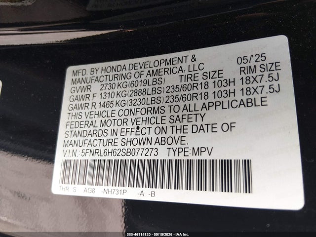 46114120 :رقم المزاد ، 5FNRL6H62SB077273 vin ، 2025 Honda Odyssey Ex-l مزاد بيع