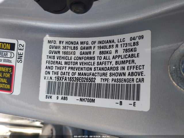 2009 Honda Civic Lx მანქანა იყიდება აუქციონზე, vin: 19XFA16539E026502, აუქციონის ნომერი: 46114125