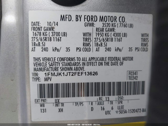 Auction sale of the 2015 Ford Expedition El Xlt, vin: 1FMJK1JT2FEF13626, lot number: 46114126