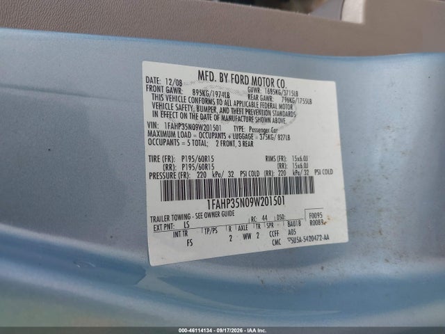 Продажа на аукционе авто 2009 Ford Focus Se, vin: 1FAHP35N09W201501, номер лота: 46114134