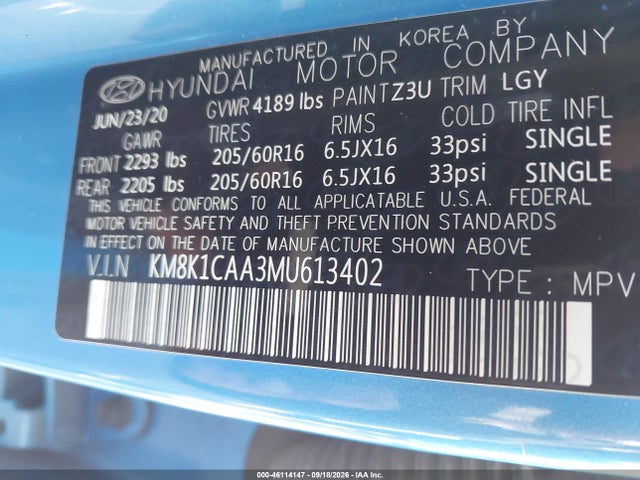 2021 Hyundai Kona Se მანქანა იყიდება აუქციონზე, vin: KM8K1CAA3MU613402, აუქციონის ნომერი: 46114147