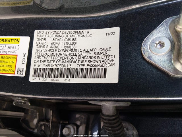 2023 Honda Civic Ex-l/ex-l W/o Bsi მანქანა იყიდება აუქციონზე, vin: 19XFL1H76PE001115, აუქციონის ნომერი: 46114154