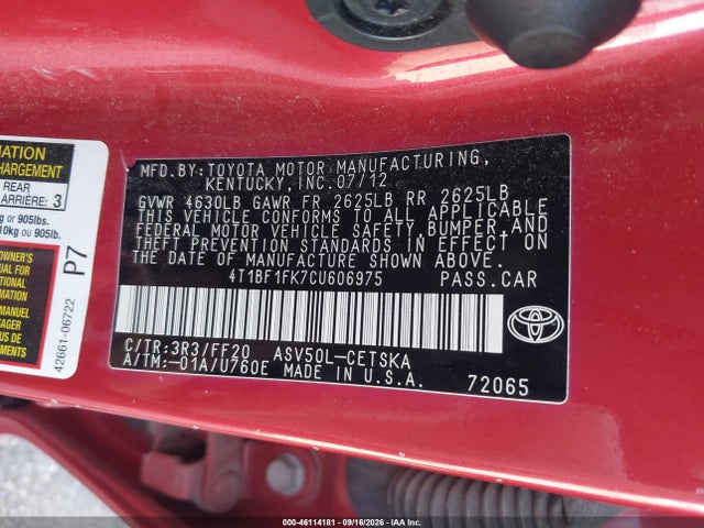46114181 :رقم المزاد ، 4T1BF1FK7CU606975 vin ، 2012 Toyota Camry Se مزاد بيع