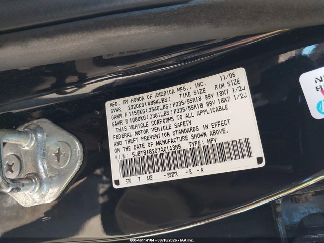 46114184 :رقم المزاد ، 5J8TB18207A014389 vin ، 2007 Acura Rdx مزاد بيع