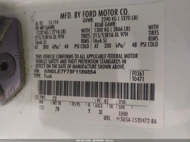 Продажа на аукционе авто 2015 Ford Transit Connect Xlt, vin: NM0LE7F75F1189854, номер лота: 46114186