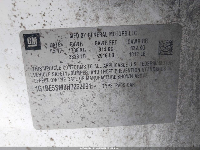2017 Chevrolet Cruze Lt Auto მანქანა იყიდება აუქციონზე, vin: 1G1BE5SM0H7252091, აუქციონის ნომერი: 46114191
