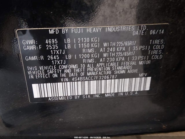4S4BSACC7F3206787 Subaru Outback 2.5i Premium