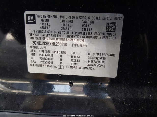 Продажа на аукционе авто 2017 Chevrolet Trax Ls, vin: 3GNCJNSBXHL265018, номер лота: 46114203