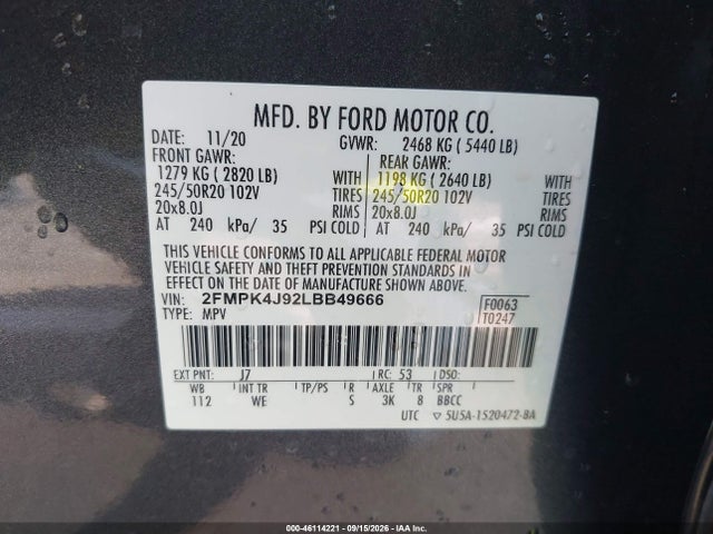 Продаж на аукціоні авто 2020 Ford Edge St Line, vin: 2FMPK4J92LBB49666, номер лоту: 46114221