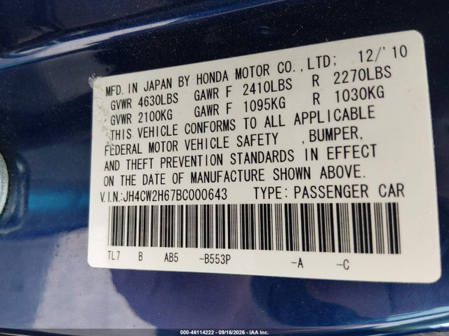 Auction sale of the 2011 Acura Tsx 2.4, vin: JH4CW2H67BC000643, lot number: 46114222