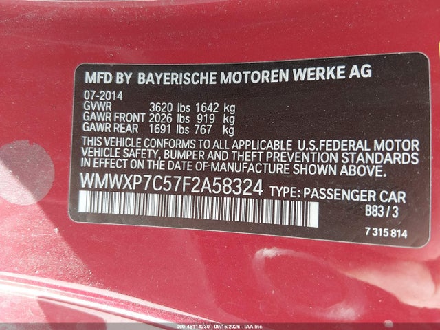 46114230 :رقم المزاد ، WMWXP7C57F2A58324 vin ، 2015 Mini Hardtop Cooper S مزاد بيع