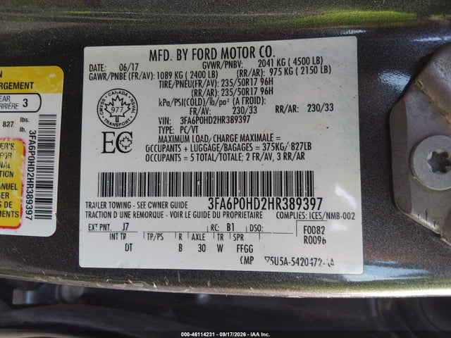 46114231 :رقم المزاد ، 3FA6P0HD2HR389397 vin ، 2017 Ford Fusion Se مزاد بيع