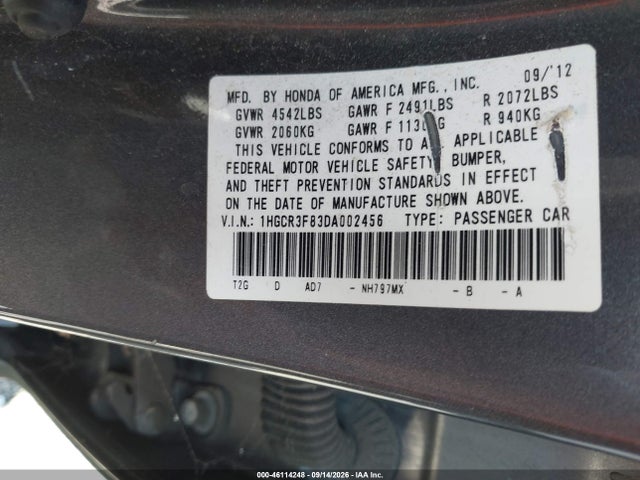 Продажа на аукционе авто 2013 Honda Accord Ex-l V-6, vin: 1HGCR3F83DA002456, номер лота: 46114248