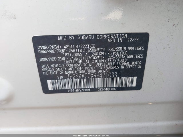46114255 :رقم المزاد ، JF2SKAGCXRH471033 vin ، 2024 Subaru Forester Sport مزاد بيع