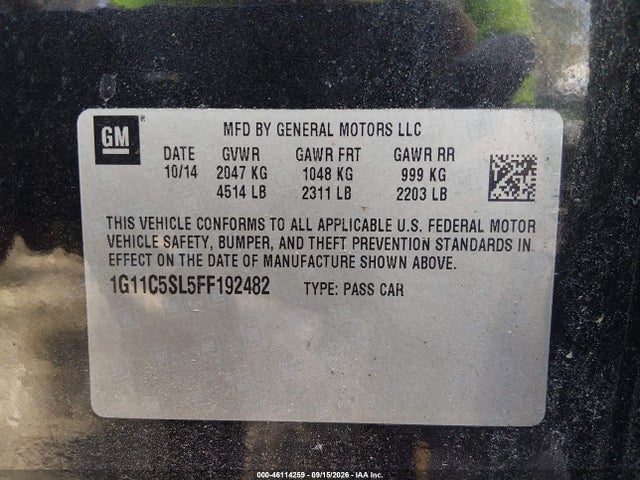 46114259 :رقم المزاد ، 1G11C5SL5FF192482 vin ، 2015 Chevrolet Malibu 1lt مزاد بيع