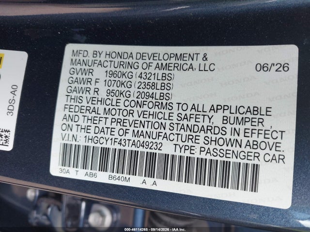 46114265 :رقم المزاد ، 1HGCY1F43TA049232 vin ، 2026 Honda Accord Se مزاد بيع