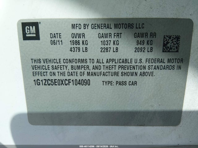 Продаж на аукціоні авто 2012 Chevrolet Malibu 1lt, vin: 1G1ZC5E0XCF104090, номер лоту: 46114266