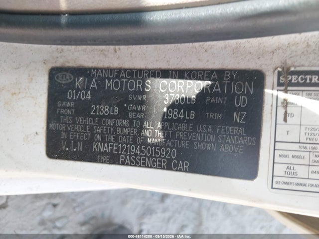 Aukcja sprzedaży 2004 Kia Spectra Ex/lx, vin: KNAFE121945015920, numer aukcji: 46114288